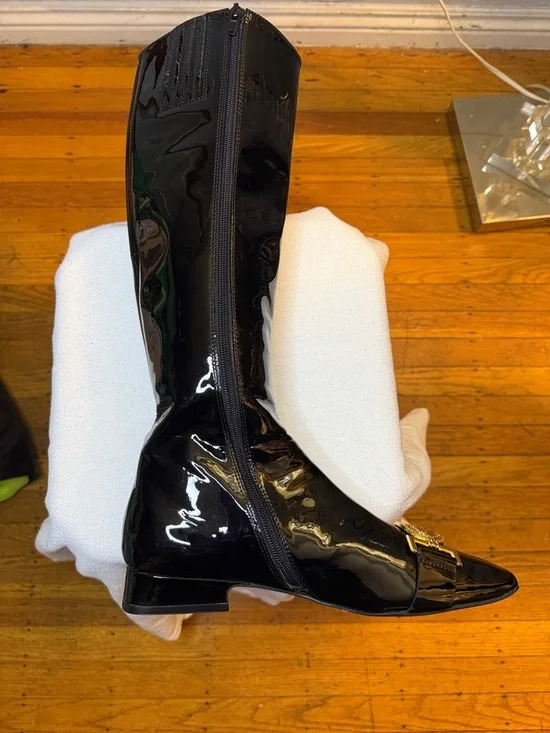 Jeffrey Campbell Black Patent Over-the-Knee Boots with Gold Medallion - Picture 7 of 7